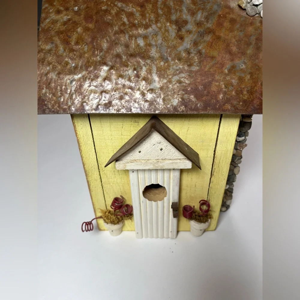 NWT crate & barrel stone chimney birdhouse. Great yellow wood & metal birdhouse